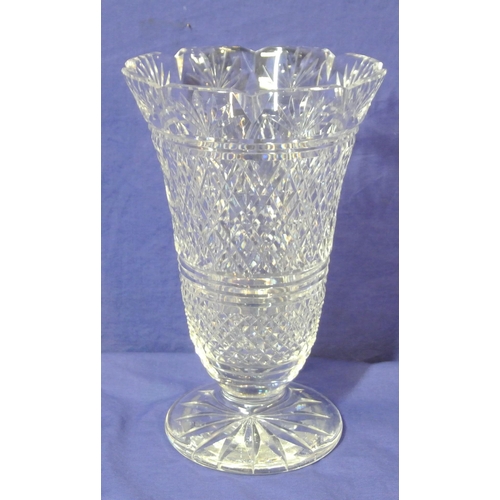 147 - Tall flared Waterford Crystal cut glass flower vase with scalloped border, hobnail and strawberry di... 