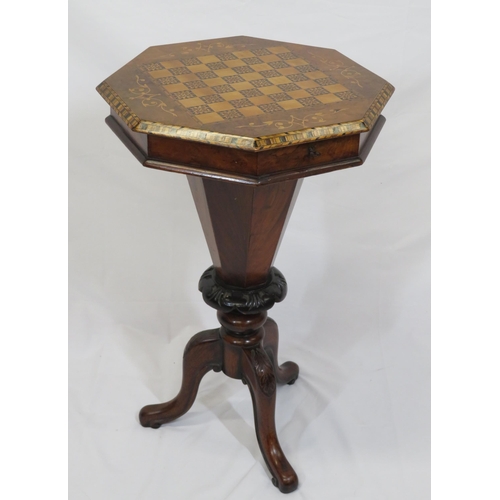 151 - Edwardian inlaid walnut and satinwood hexagonal shaped sewing table with lift-up lid, fitted interio... 