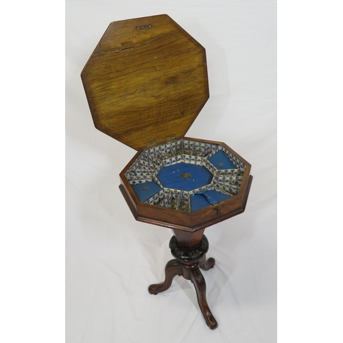 151 - Edwardian inlaid walnut and satinwood hexagonal shaped sewing table with lift-up lid, fitted interio... 