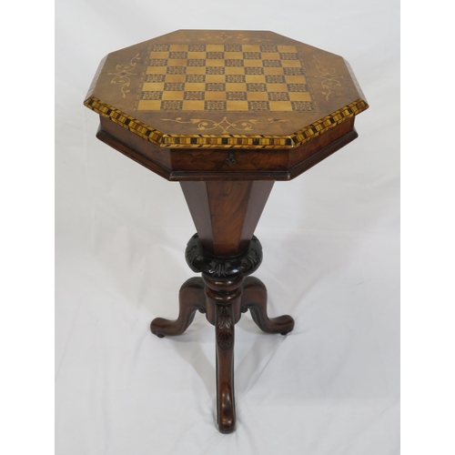 151 - Edwardian inlaid walnut and satinwood hexagonal shaped sewing table with lift-up lid, fitted interio... 