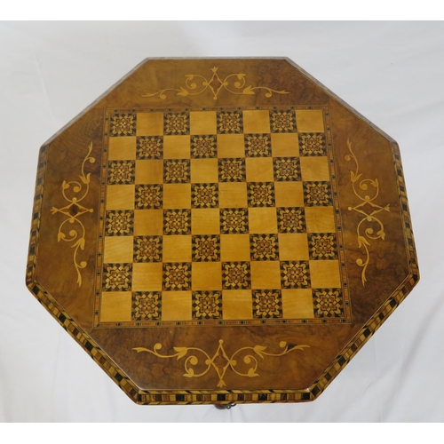 151 - Edwardian inlaid walnut and satinwood hexagonal shaped sewing table with lift-up lid, fitted interio... 