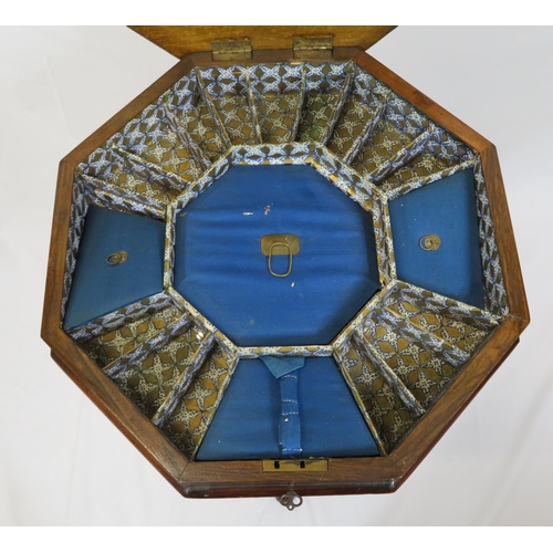 151 - Edwardian inlaid walnut and satinwood hexagonal shaped sewing table with lift-up lid, fitted interio... 