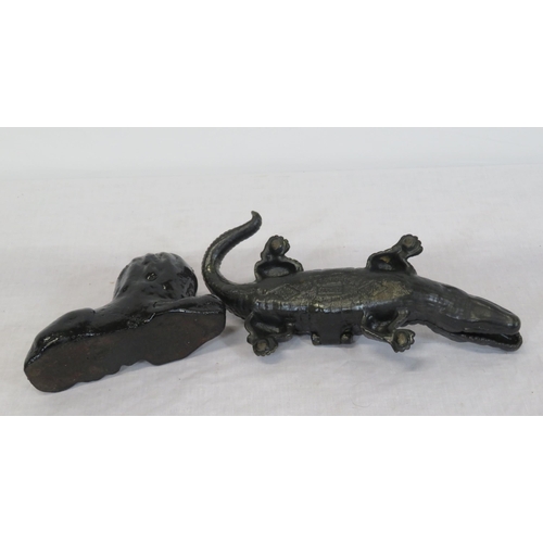 164 - Ornate cast iron alligator shaped cigarette case with lift-up lid, and a metal lion ornament