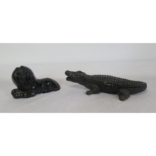 164 - Ornate cast iron alligator shaped cigarette case with lift-up lid, and a metal lion ornament
