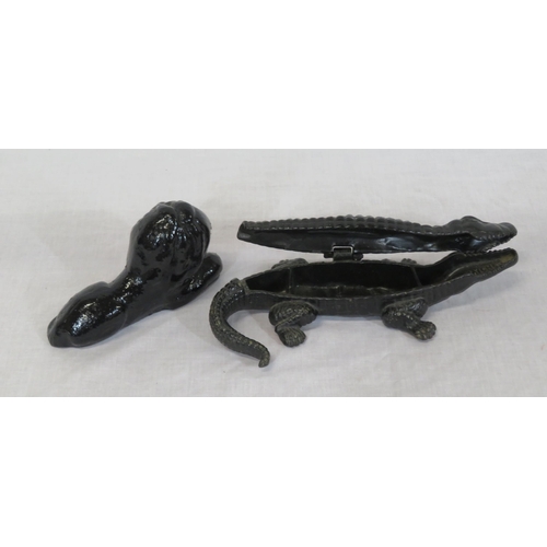 164 - Ornate cast iron alligator shaped cigarette case with lift-up lid, and a metal lion ornament