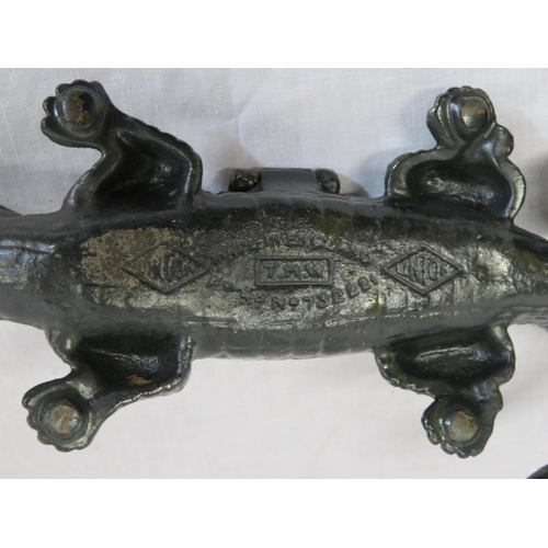 164 - Ornate cast iron alligator shaped cigarette case with lift-up lid, and a metal lion ornament