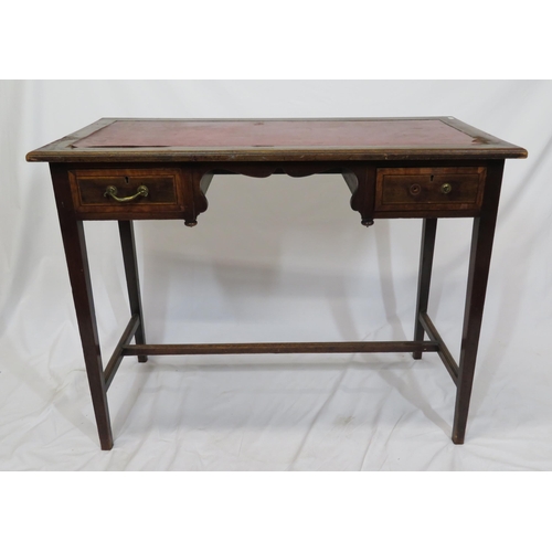 20 - Edwardian inlaid mahogany desk with two frieze drawers, on square legs with stretchers