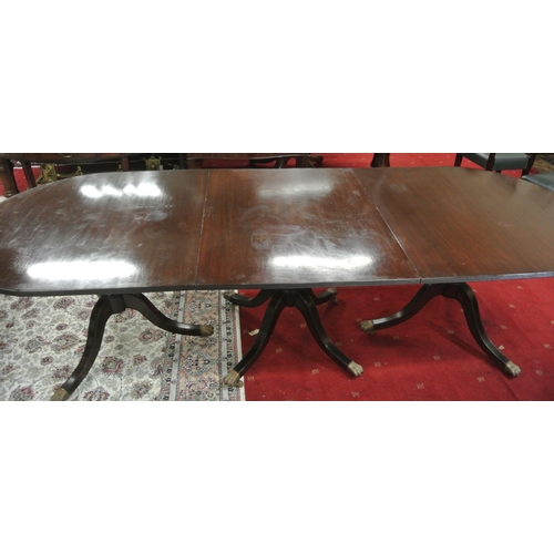 200 - Edwardian mahogany triple pillar D-end dining table with extra leaf, reeded borders, on baluster tur... 