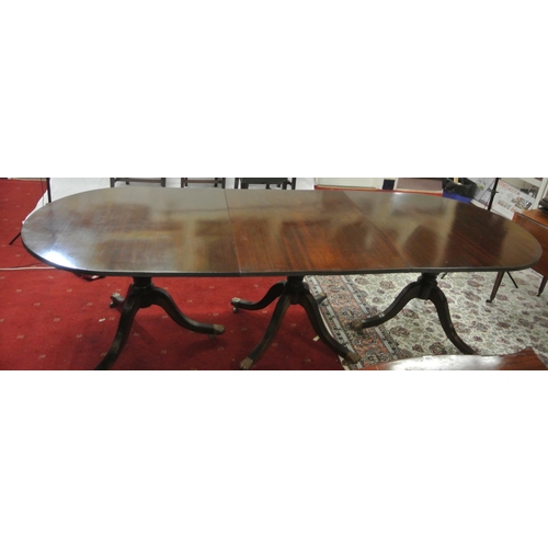 200 - Edwardian mahogany triple pillar D-end dining table with extra leaf, reeded borders, on baluster tur... 