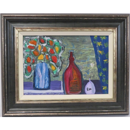 233 - Rio 'Still life study of flowers and a bottle' oil on board 25x35cm signed