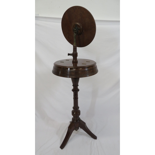 25 - Victorian mahogany gentleman's shaving stand with round adjustable mirror, lift up flaps, on turned ... 