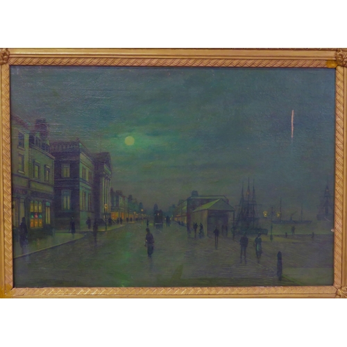 251 - After John Atkinson Grimshaw (1836-1893) 'Moonlight Quayside streetscape with figures' oil on canvas... 