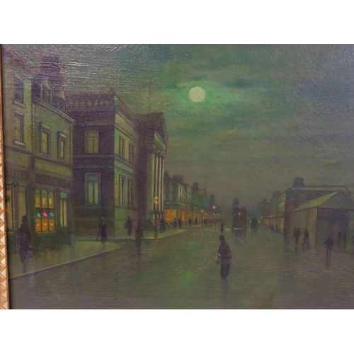 251 - After John Atkinson Grimshaw (1836-1893) 'Moonlight Quayside streetscape with figures' oil on canvas... 