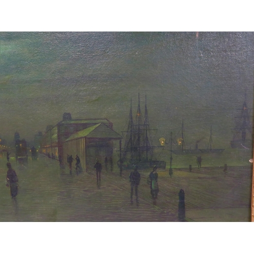 251 - After John Atkinson Grimshaw (1836-1893) 'Moonlight Quayside streetscape with figures' oil on canvas... 