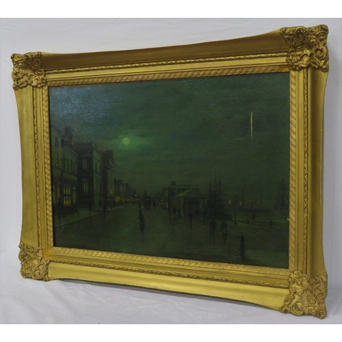 251 - After John Atkinson Grimshaw (1836-1893) 'Moonlight Quayside streetscape with figures' oil on canvas... 
