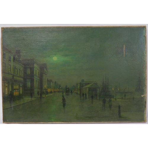 251 - After John Atkinson Grimshaw (1836-1893) 'Moonlight Quayside streetscape with figures' oil on canvas... 