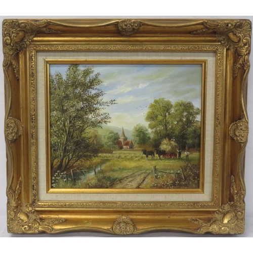 254 - P Sanders 'Country scene with horses' oil on canvas 25x30cm signed