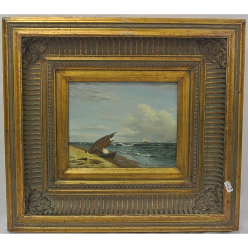 255 - Dutch school 'Wreck on a beach' oil on board 19x24cm signed