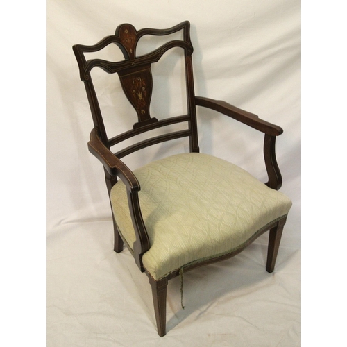 289 - Edwardian inlaid mahogany open armchair with wood and mother of pearl string inlay, shaped splat, se... 