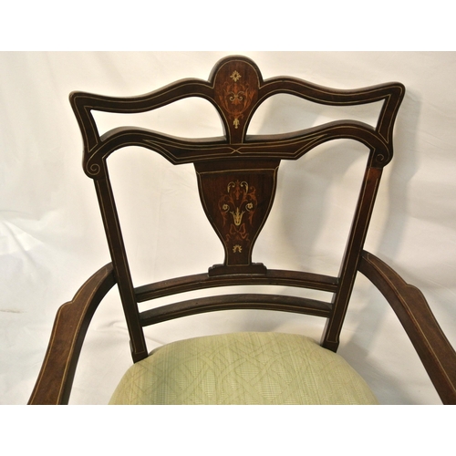 289 - Edwardian inlaid mahogany open armchair with wood and mother of pearl string inlay, shaped splat, se... 