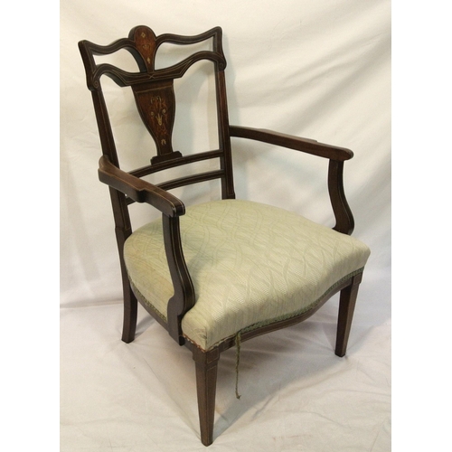 289 - Edwardian inlaid mahogany open armchair with wood and mother of pearl string inlay, shaped splat, se... 