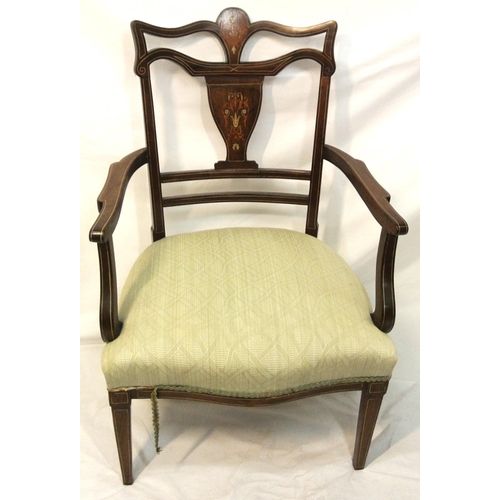 289 - Edwardian inlaid mahogany open armchair with wood and mother of pearl string inlay, shaped splat, se... 