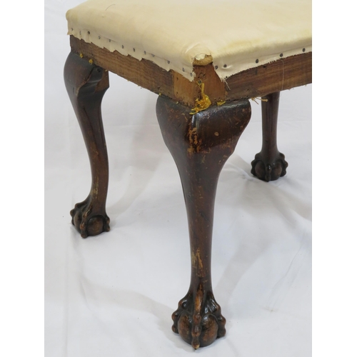 54 - Victorian mahogany upholstered stool with cabriole legs, on claw on ball feet