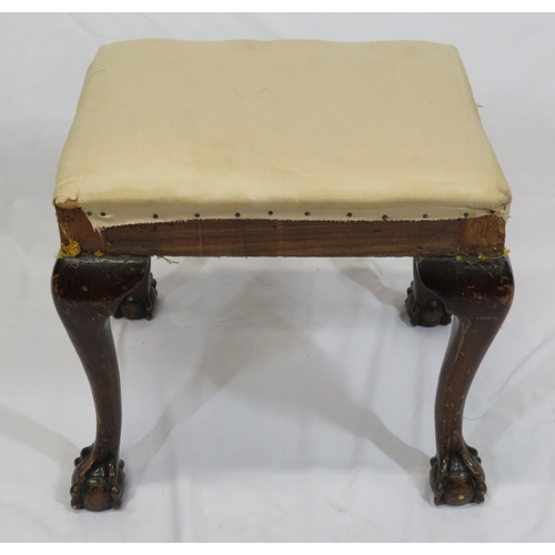 54 - Victorian mahogany upholstered stool with cabriole legs, on claw on ball feet