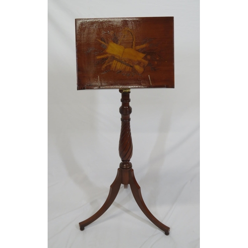 56 - Edwardian yew and mahogany lectern or music stand with ornate musical foliate inlay, adjustable top,... 