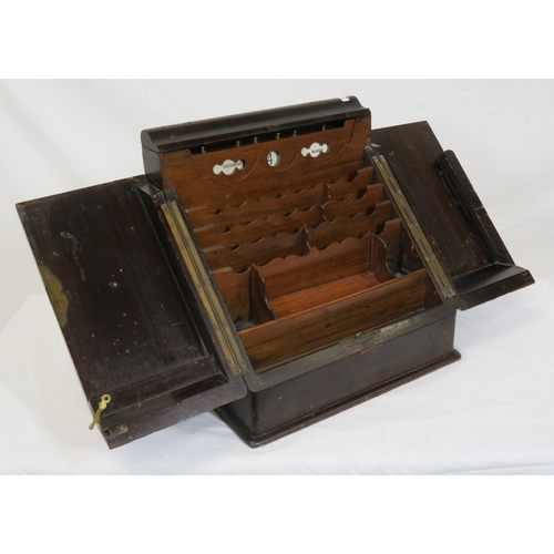 82 - Edwardian mahogany desk organiser stationary box with fold-out front, lift-up top, day and date scro... 