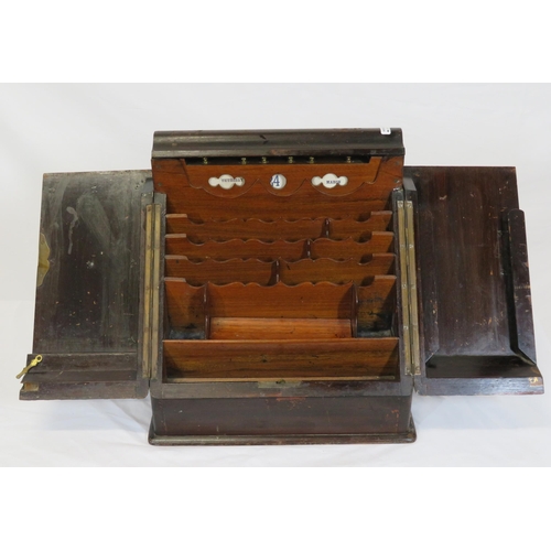 82 - Edwardian mahogany desk organiser stationary box with fold-out front, lift-up top, day and date scro... 