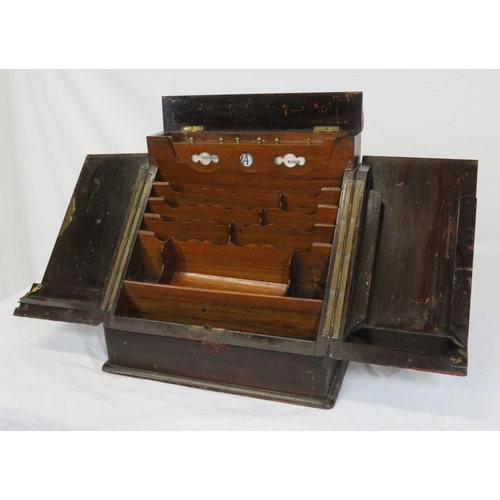 82 - Edwardian mahogany desk organiser stationary box with fold-out front, lift-up top, day and date scro... 