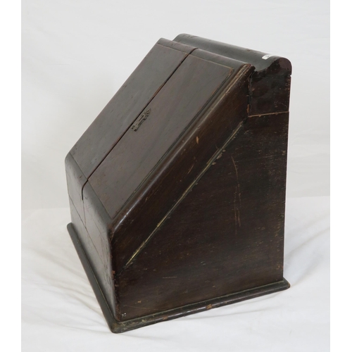 82 - Edwardian mahogany desk organiser stationary box with fold-out front, lift-up top, day and date scro... 