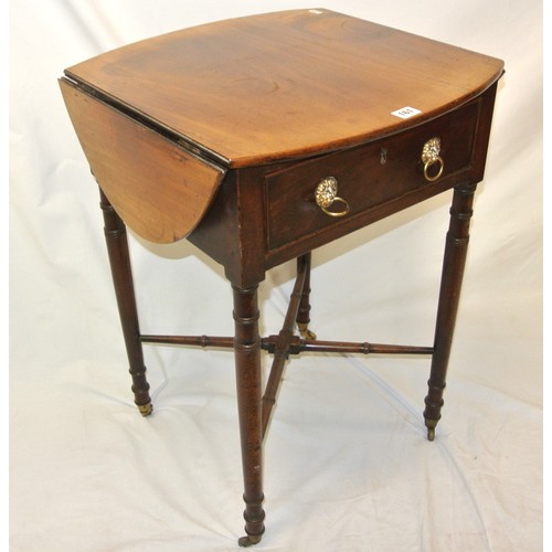 161 - Edwardian mahogany dropleaf table with D-shaped drop leaves, pull-out supports, frieze drawer with l... 