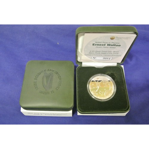 198 - Two Ernest Walton commemorative €15 silver proof coins, cased, .925, 2015, no.s 3081 & 3082