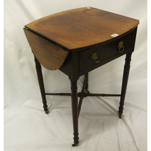 161 - Edwardian mahogany dropleaf table with D-shaped drop leaves, pull-out supports, frieze drawer with l... 
