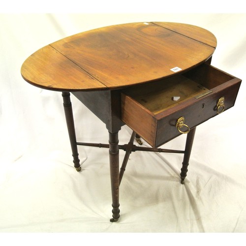 161 - Edwardian mahogany dropleaf table with D-shaped drop leaves, pull-out supports, frieze drawer with l... 
