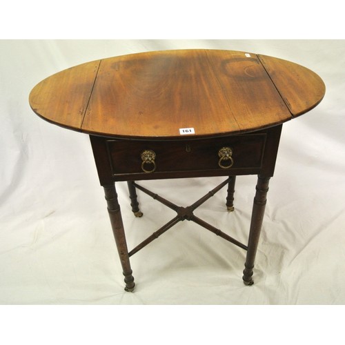 161 - Edwardian mahogany dropleaf table with D-shaped drop leaves, pull-out supports, frieze drawer with l... 