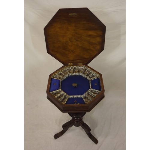 39 - Edwardian inlaid mahogany hexagonal shaped work  table with lift-up lid, fitted interior, on turned ... 