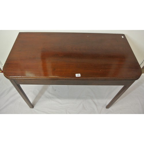 46 - Edwardian mahogany tea table with fold-over top, round corners, pull-out gateleg support, on square ... 