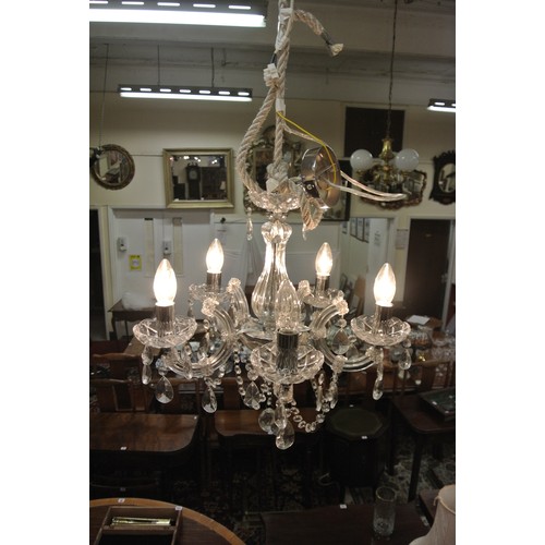 48 - French style 10 branch glass chandelier with shaped arms and sconces. ( one branch damaged )