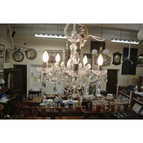 48 - French style 10 branch glass chandelier with shaped arms and sconces. ( one branch damaged )