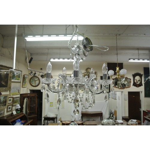 48 - French style 10 branch glass chandelier with shaped arms and sconces. ( one branch damaged )