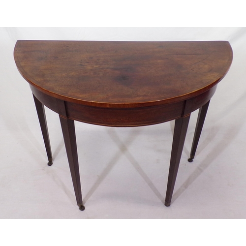 56 - Edwardian inlaid mahogany demi-lune card table with fold-over top, gateleg support, baize surface, i... 