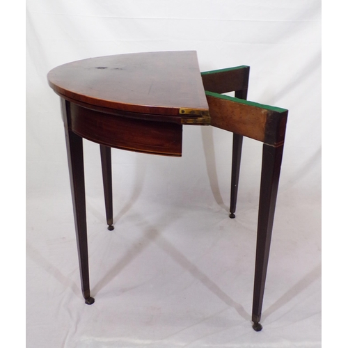 56 - Edwardian inlaid mahogany demi-lune card table with fold-over top, gateleg support, baize surface, i... 