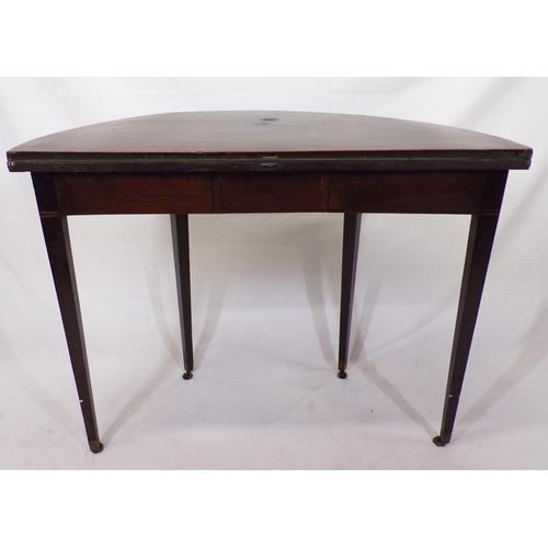 56 - Edwardian inlaid mahogany demi-lune card table with fold-over top, gateleg support, baize surface, i... 