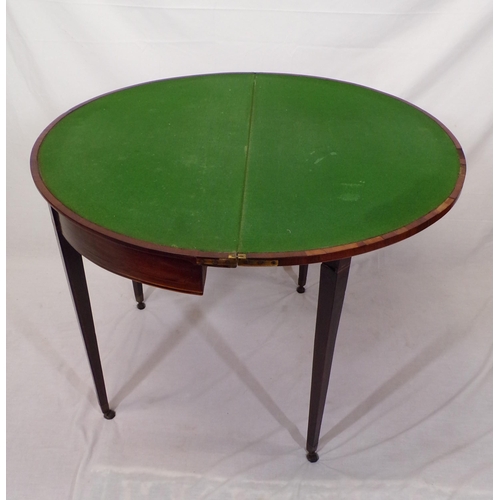 56 - Edwardian inlaid mahogany demi-lune card table with fold-over top, gateleg support, baize surface, i... 