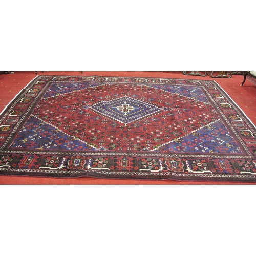 74 - Persian rich red and blue ground village Joshagan carpet with diamond medallions, full pile 345x240c... 