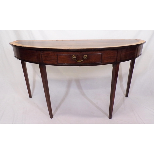 95 - Edwardian inlaid and crossbanded mahogany demi-lune hall or side table with bow frieze drawer, brass... 