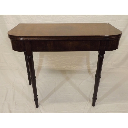 70 - Victorian mahogany tea table with fold-over top, reeded borders, pull-out gate leg support, on turne... 